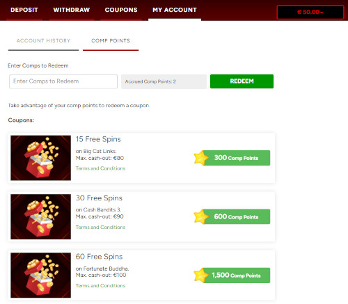 Screenshot of the new no deposit bonus system at Golden Euro Casino. Exchange your Comps for Free Spins!