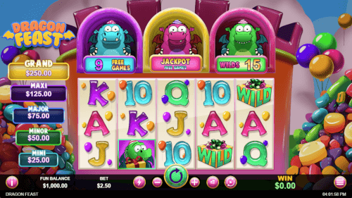 screenshot of the "Dragon Feast" slot game field. Lots of bright colors, cartoon symbols and dragons