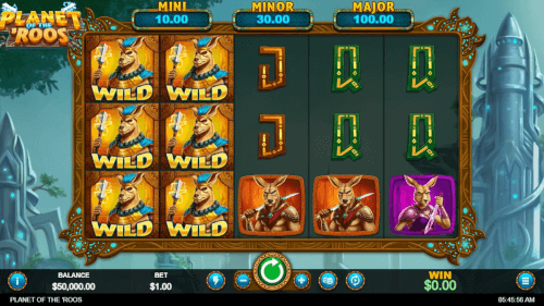 screenshot from the new slot "Planet of the 'Roos" with the King, the Warrior and the Princess Kangaroo